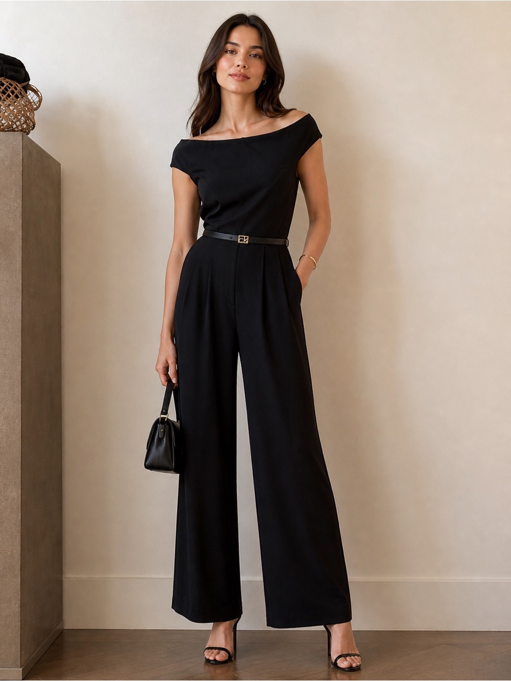 NWT Calvin Klein Black Off the Shoulder Wide Leg Jumpsuit with Belt